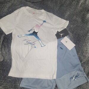 Jordan Boys White Jumpman Flight Chrome T-Shirt & Blue Grey Shorts Set S 8-10